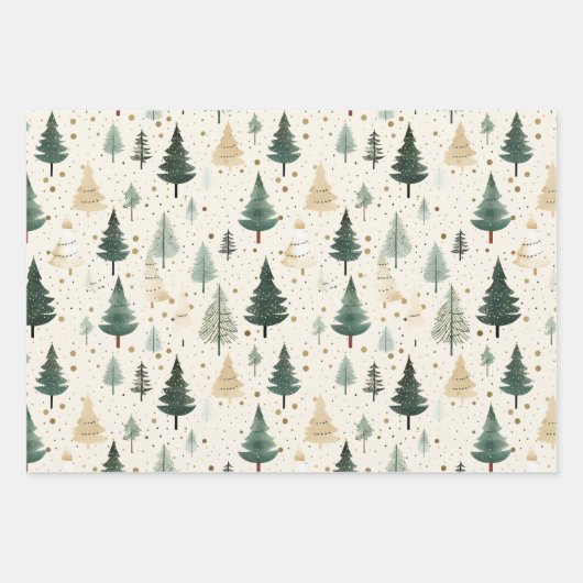 Waterverf Pijnboom Groen Goud Kerstmis Inpakpapier Vel (Voorkant 3)