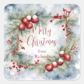 Waterverf Pijnboom Krans Rode Bessen Prettig Kerst Vierkante Sticker (Voorkant)