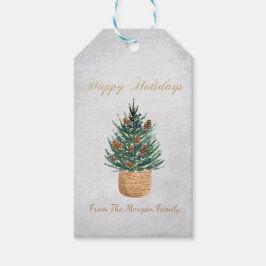 Waterverf pijnboom, pijnkegels sneeuw cadeaulabel