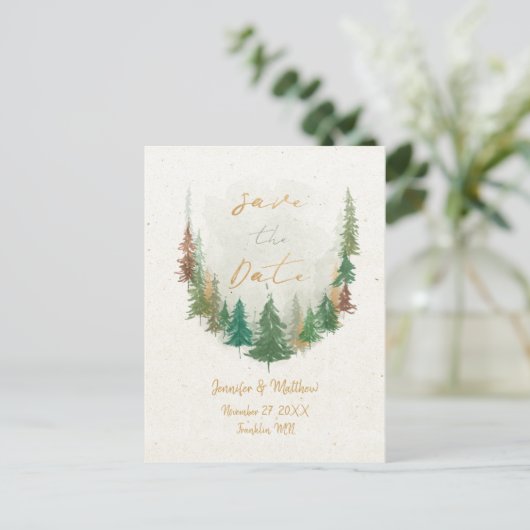 Waterverf Pijnboombos Bewaar datum Aankondigingskaart (Staand voorkant)