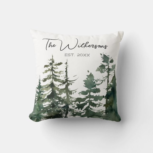 Waterverf Pijnboombos en aangepaste familienaam Kussen (Voorkant)