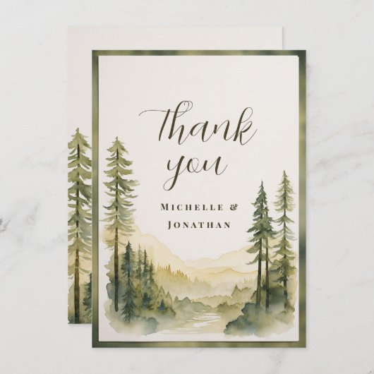 Waterverf Pijnboombos en Mountain Wedding Bedankkaart (Voorkant / Achterkant)