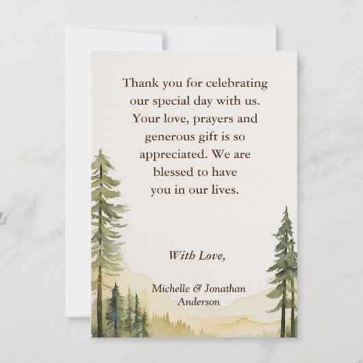 Waterverf Pijnboombos en Mountain Wedding Bedankkaart (Achterkant)