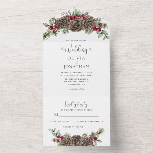 Waterverf Pijnboomgroen Script Kerstbruiloft All In One Uitnodiging (Binnen)