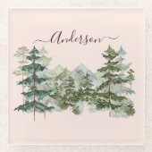 Waterverf Pijnbos en berg Rustiek Glazen Onderzetter (Voorkant)