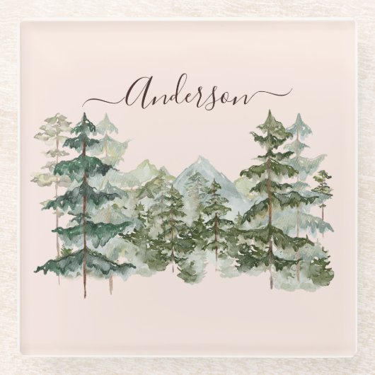 Waterverf Pijnbos en berg Rustiek Glazen Onderzetter (Voorkant)