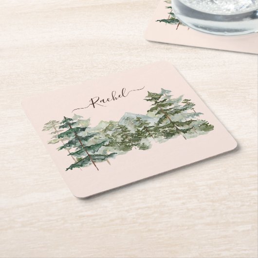 Waterverf Pijnbos en berg Rustiek Kartonnen Onderzetters (Schuin)