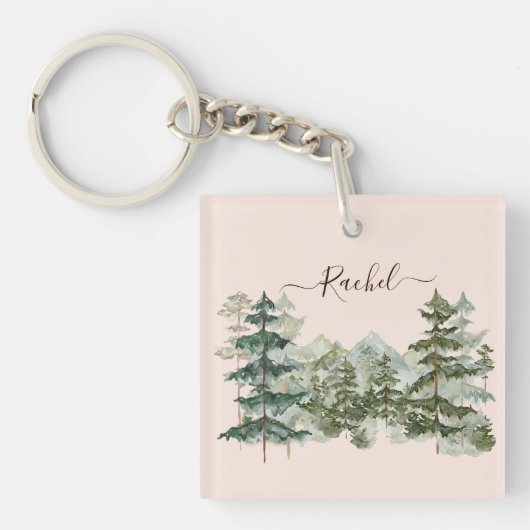 Waterverf Pijnbos en berg Rustiek Sleutelhanger (voorkant)
