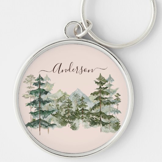 Waterverf Pijnbos en berg Rustiek Sleutelhanger (Voorkant)
