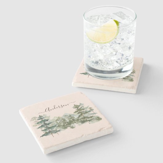 Waterverf Pijnbos en berg Rustiek Stenen Onderzetter (Zijkant)