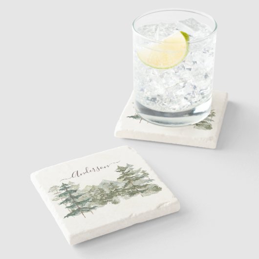 Waterverf Pijnbos en berg Rustiek Stenen Onderzetter (Zijkant)