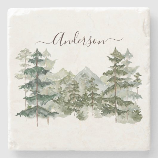 Waterverf Pijnbos en berg Rustiek Stenen Onderzetter (Voorkant)