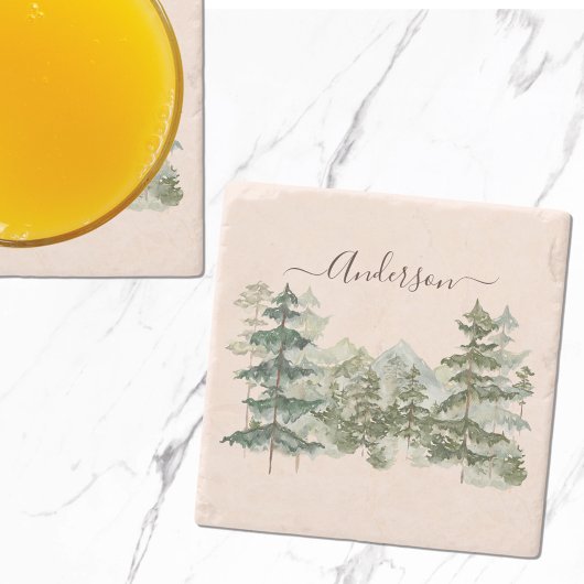 Waterverf Pijnbos en berg Rustiek Stenen Onderzetter