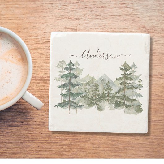 Waterverf Pijnbos en berg Rustiek Stenen Onderzetter