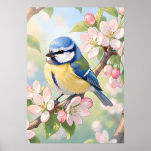 Waterverf Pimpelmees op appelboom lente Poster