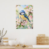 Waterverf Pimpelmees op appelboom lente Poster (Keuken)