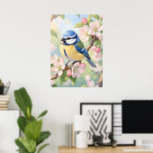 Waterverf Pimpelmees op appelboom lente Poster (Thuiskantoor)