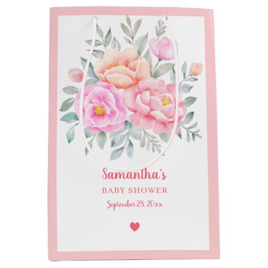 Waterverf pinda's Rozen Roze Floral Bouquet Medium Cadeauzakje (Voorkant)