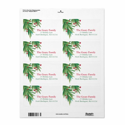 Waterverf Pine & Berries | 2016 Chrismas-adres Etiket (Full Sheet)