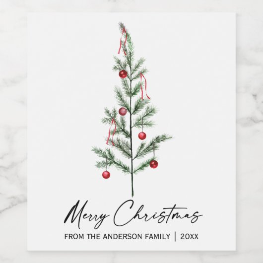 Waterverf Pine Boom Calligrafie Inkt Kerstmis Wijn Etiket (Enkel label)