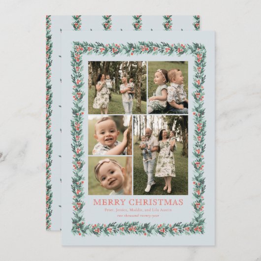 Waterverf Pine Border Multi Foto Kerst Kaart (Voorkant / Achterkant)