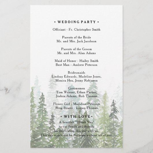 Waterverf Pine Bossen Forest Wedding Programme (Achterkant)