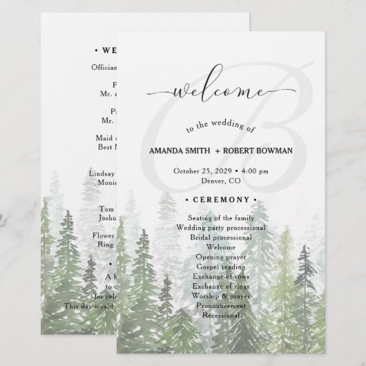 Waterverf Pine Bossen Forest Wedding Programme (Voorkant / Achterkant)