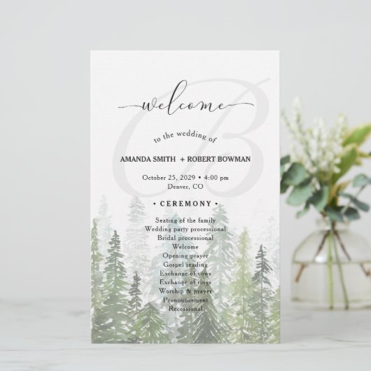 Waterverf Pine Bossen Forest Wedding Programme (Staand voorkant)