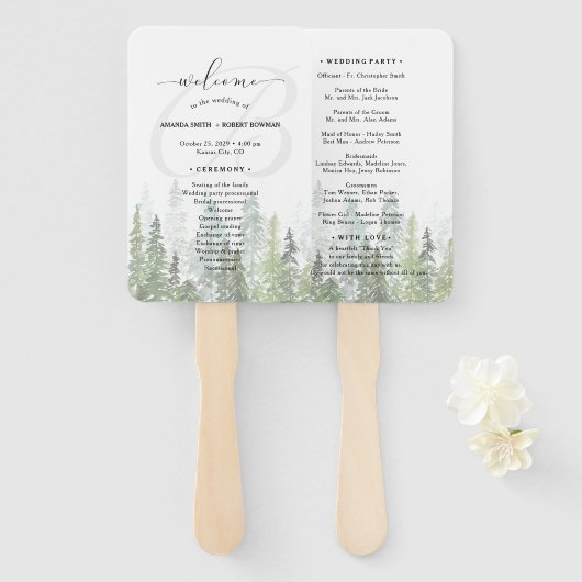 Waterverf Pine Bossen Forest Wedding Programme Handwaaier (Voorkant en achterkant)
