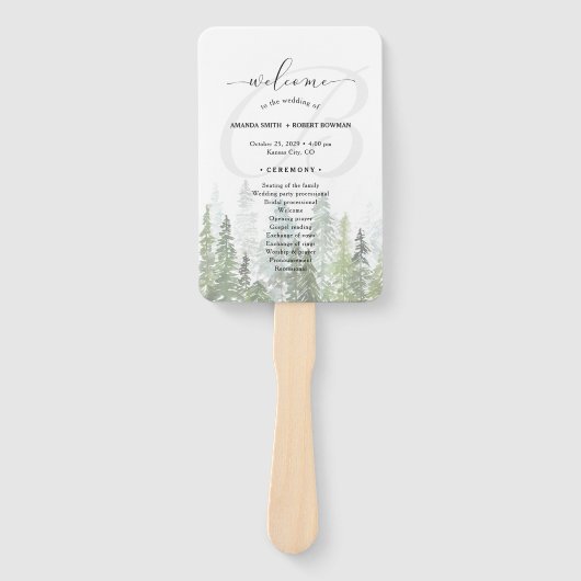 Waterverf Pine Bossen Forest Wedding Programme Handwaaier (Voorkant)