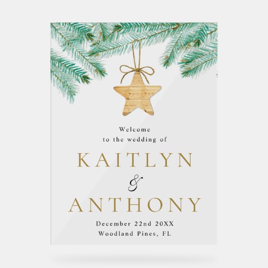 Waterverf Pine Boughs Winter Wedding Welkom Acryl Bord (Voorkant)