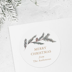Waterverf Pine Branch Kerstcadeau Ronde Sticker