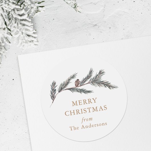 Waterverf Pine Branch Kerstcadeau Ronde Sticker