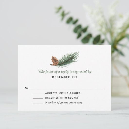 Waterverf Pine Branch Pine Cone Wedding RSVP (Staand voorkant)