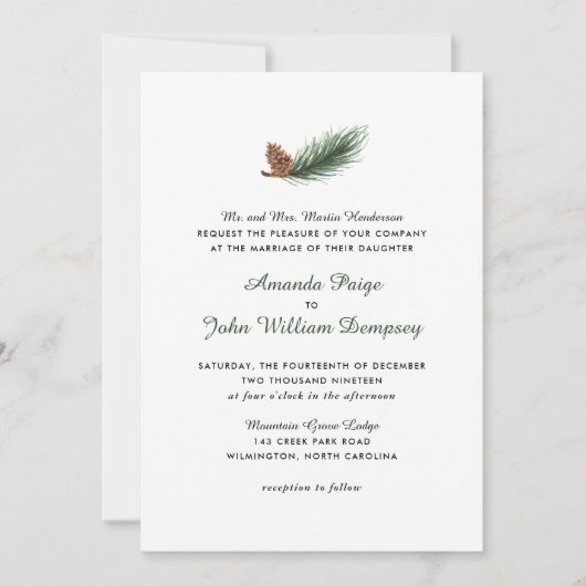 Waterverf Pine Branch Winter Pinecone Wedding Kaart (Voorkant)