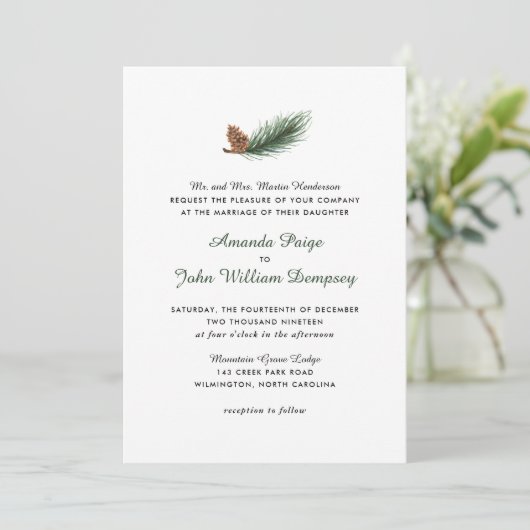 Waterverf Pine Branch Winter Pinecone Wedding Kaart (Staand voorkant)