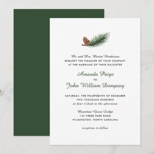 Waterverf Pine Branch Winter Pinecone Wedding Kaart (Voorkant / Achterkant)