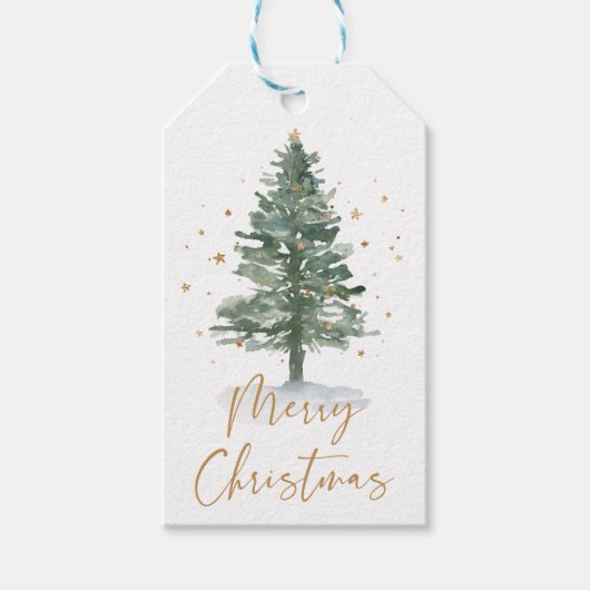 Waterverf Pine Christmas Tree Gold Cadeaulabel (Voorkant)