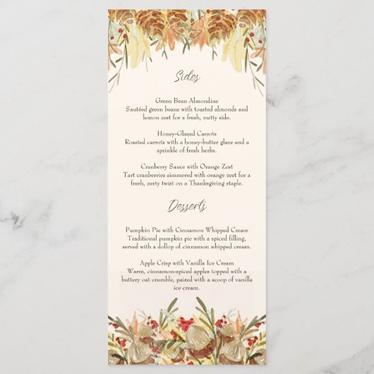 Waterverf Pine Cone en Bloemen Thanksgiving Menu (Achterkant)