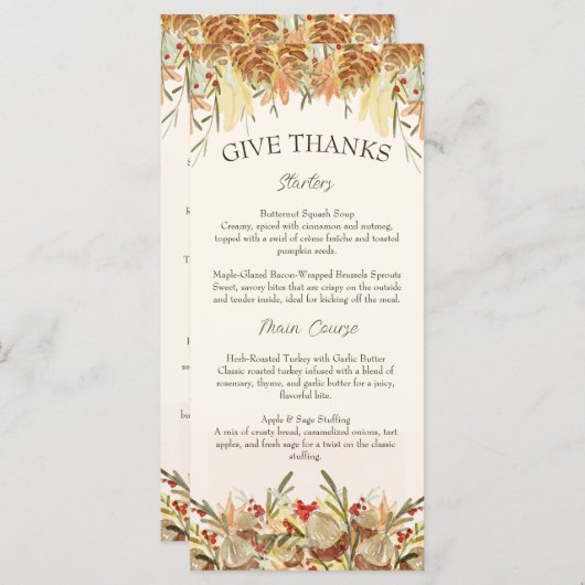 Waterverf Pine Cone en Bloemen Thanksgiving Menu (Voorkant / Achterkant)