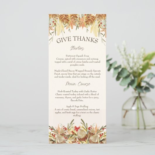 Waterverf Pine Cone en Bloemen Thanksgiving Menu (Staand voorkant)