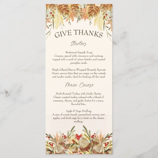 Waterverf Pine Cone en Bloemen Thanksgiving Menu (Voorkant)