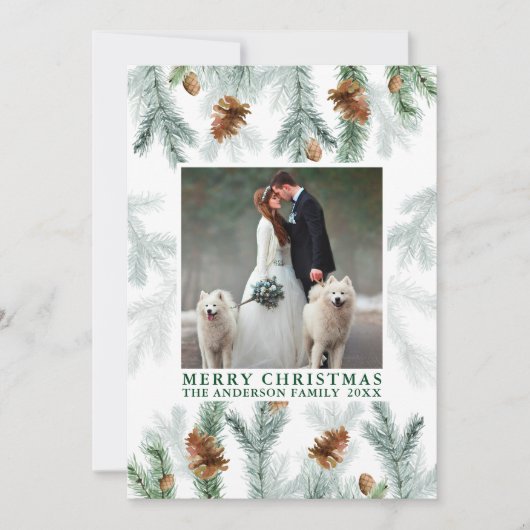 Waterverf Pine Cone Greenery Christmas Green Feestdagenkaart (Voorkant)