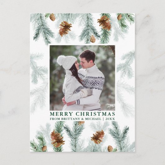 Waterverf Pine Cone Greenery Couple Foto Green Briefkaart (Voorkant)