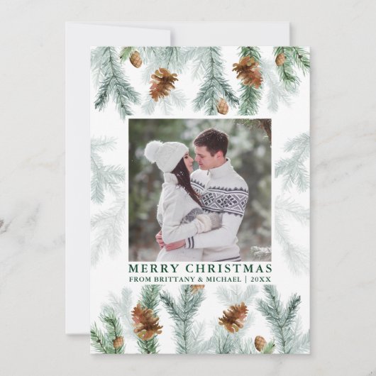 Waterverf Pine Cone Greenery Couple Foto Green Feestdagenkaart (Voorkant)