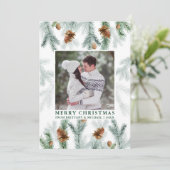 Waterverf Pine Cone Greenery Couple Foto Green Feestdagenkaart (Staand voorkant)