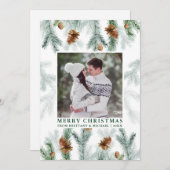 Waterverf Pine Cone Greenery Couple Foto Green Feestdagenkaart (Voorkant / Achterkant)