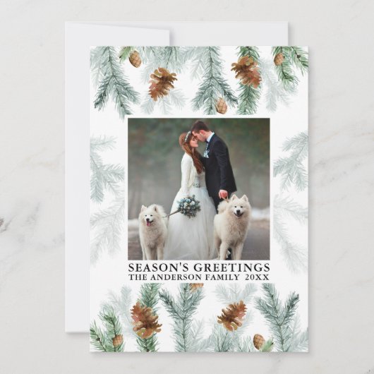 Waterverf Pine Cone Greenery Season's groeten Feestdagenkaart (Voorkant)