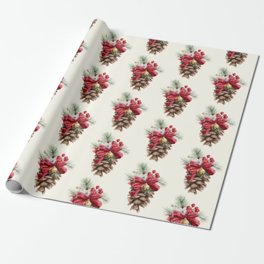 Waterverf  Pine Cone Red Holly Berries Cadeaupapier (Uitgerold)