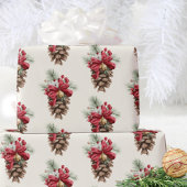 Waterverf  Pine Cone Red Holly Berries Cadeaupapier
